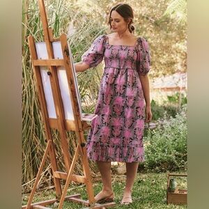 NIC + ZOE Petal Patch Floral Woven Square Neck Elbow Sleeve Ruffle Midi Dress